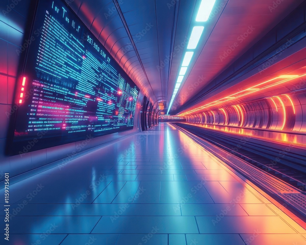Subway station platform with holographic train schedule floating, sleek modern architecture, neon lighting, clean and futuristic urban transportation design Subway station platform with holographic train schedule floating, sleek modern architecture, neon lighting, clean and futuristic urban transportation design