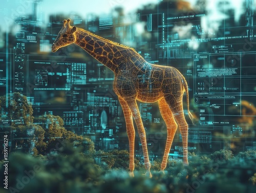 Wild animals in a safari with holographic animal data floating, soft natural lighting, sleek high-tech gear, sharp detail of wildlife combined with futuristic elements photo