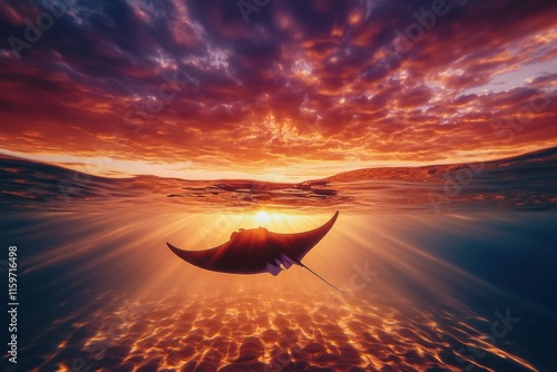 Majestic single manta ray swimming in sunsetlit shallow ocean photo