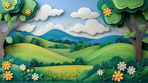 Paper art depicting idyllic green hills and blooming flowers under blue sky