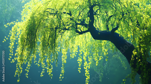 Vibrant green willow tree in full bloom with drooping branches, isolated on a clear background, perfect for nature and outdoor-themed designs. Willow. Illustration photo