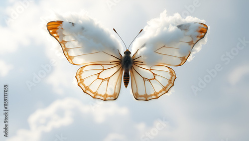 _ - A butterfly with wings made from clouds, flitting through a photo