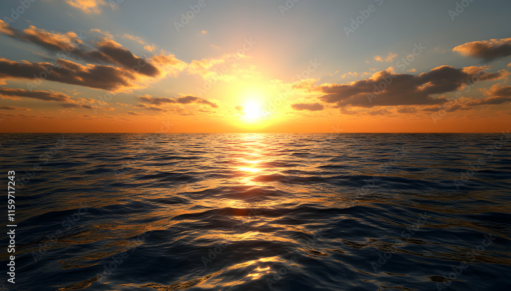 Obraz premium Stunning sunset over a calm ocean, golden hour light reflecting on the water's surface. Perfect for travel, nature, and serenity themes.