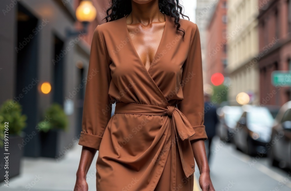 closeup on elegant model in mocha mousse wrap dress with stylish belt, walking through bustling metropolitan street. elegance in urban streetscape, autumn style, lifestyle, fashion blog. closeup on elegant model in mocha mousse wrap dress with stylish belt, walking through bustling metropolitan street. elegance in urban streetscape, autumn style, lifestyle, fashion blog.