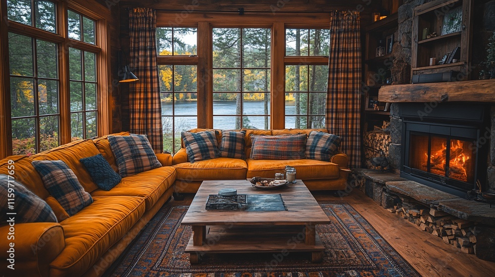 Fototapeta premium Cozy Cabin Living Room Featuring a Fireplace and Lake View