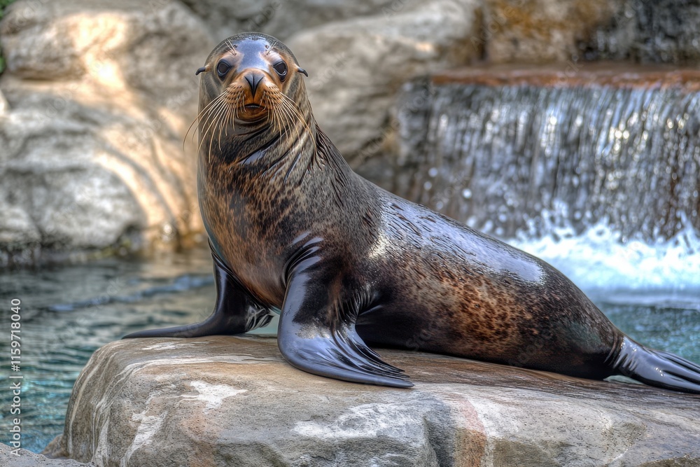 Fototapeta premium California sea lion on rock staring at camera in sunlight