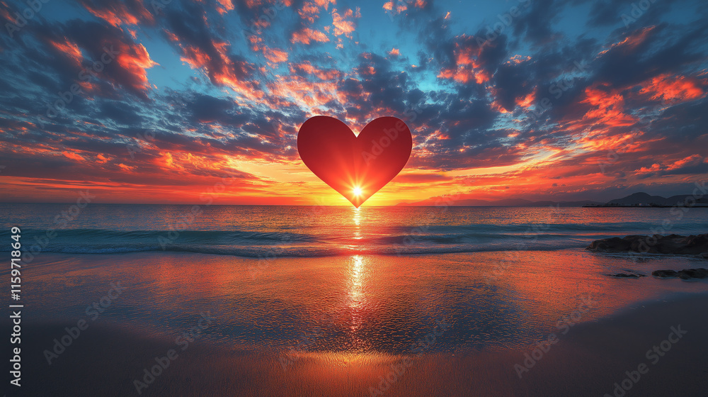 Romantic sunset heart shape beach landscape photography ocean view nature concept