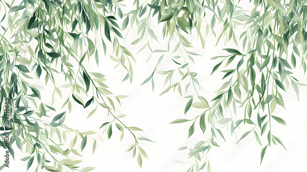 Overlapping flexible willow branches with leaves, landscape, willow, greenery. Willow. Illustration Overlapping flexible willow branches with leaves, landscape, willow, greenery. Willow. Illustration