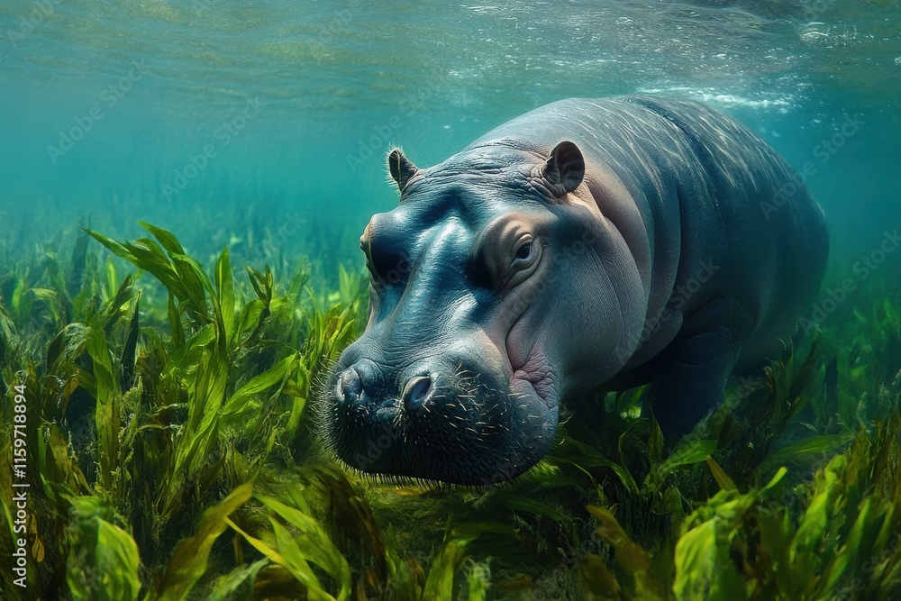Fototapeta premium Underwater photography featuring a lone hippopotamus in its habitat