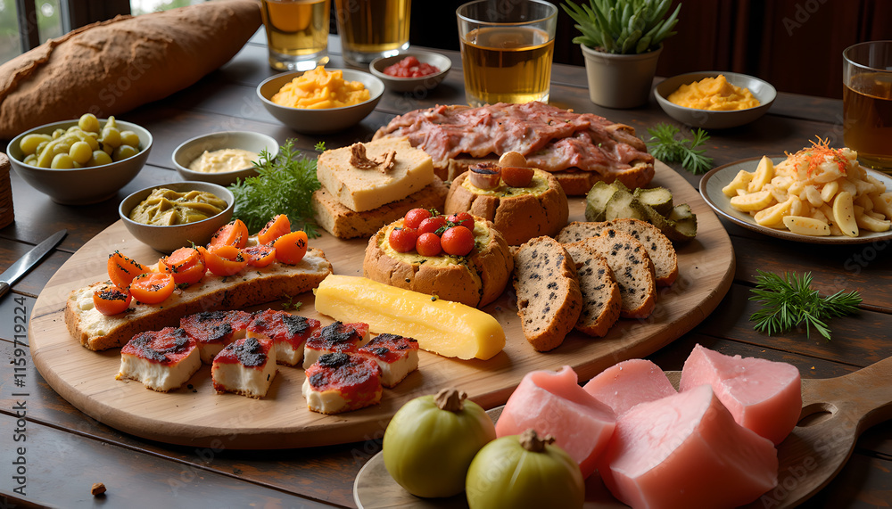 Assorted bread and spread platter with cheese and fresh garnishes Assorted bread and spread platter with cheese and fresh garnishes