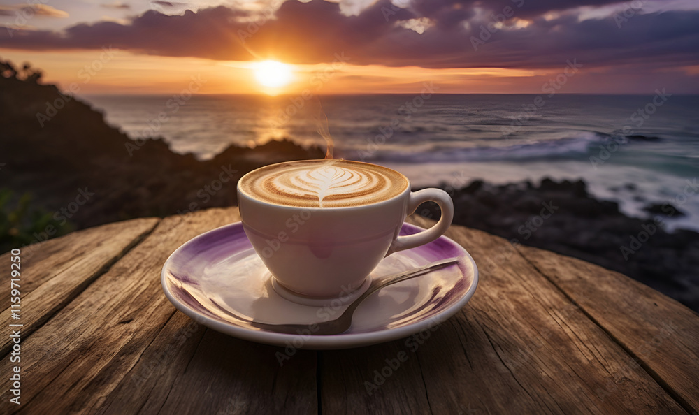 Coffee cup on a textured wooden table at sunrise. Coffee cup on a textured wooden table at sunrise.
