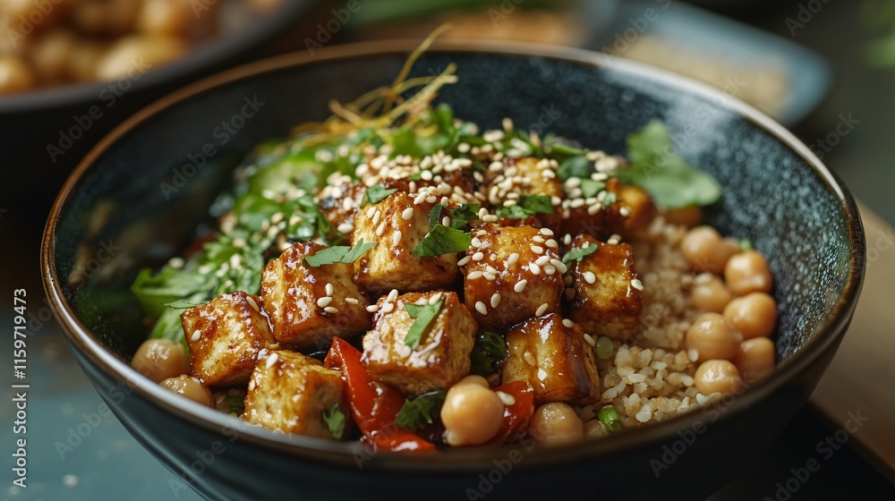 A vibrant bowl of delicious tofu and chickpeas, garnished with sesame seeds and herbs. A vibrant bowl of delicious tofu and chickpeas, garnished with sesame seeds and herbs.