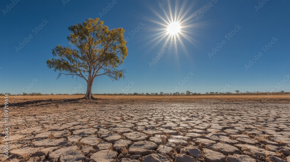 Fototapeta premium Barren dry lakebed under intense sunlight with a lone tree standing resilient in the harsh landscape. Generative AI