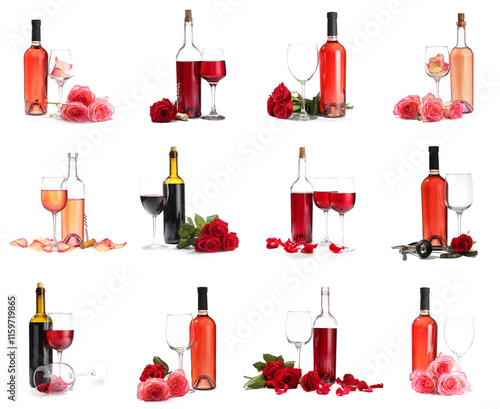 Set of wine and roses on wh...