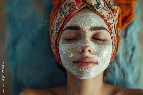 A serene young Indian woman enjoys a rejuvenating facial at the spa boosting her skin s glow photo