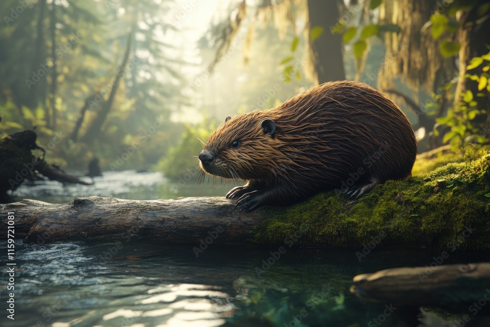 Beaver in natural habitat with soft lighting and serene mood Beaver in natural habitat with soft lighting and serene mood