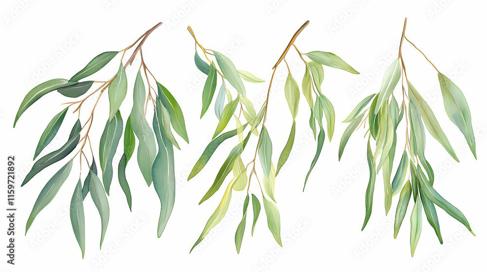 Obraz premium Eucalyptus branch isolated on white. watercolor hand drawn illustration. Willow. Illustration