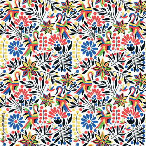 Seamless pattern with birds and floral ornament in the style of Mexican otomi embroidery