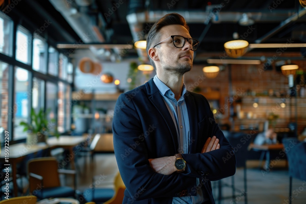 Man with glasses posing confidently, hands on hips Man with glasses posing confidently, hands on hips