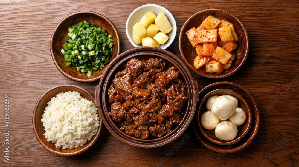 Cooking beef stew with rice and vegetables home kitchen food photography cozy setting top down view comfort meal ideas Cooking beef stew with rice and vegetables home kitchen food photography cozy setting top down view comfort meal ideas