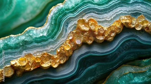 Close-up of a polished gemstone with swirling green and gold patterns. photo