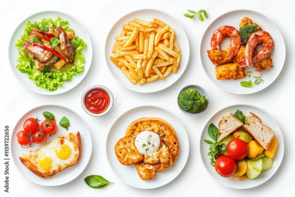 Array of dishes on a plain white surface overhead perspective Array of dishes on a plain white surface overhead perspective
