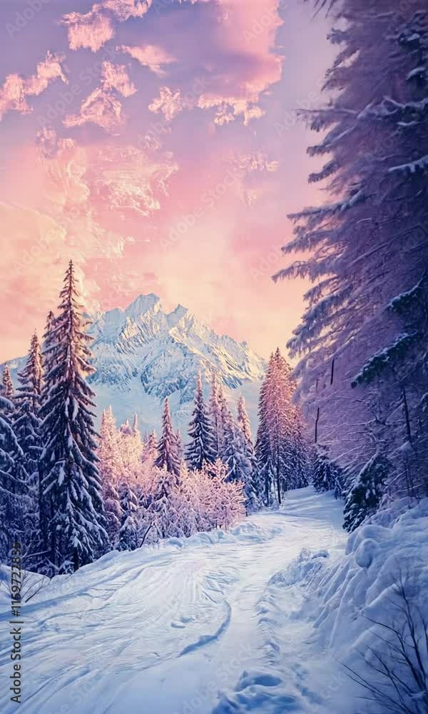Serene Winter Landscape: Snow-Covered Path Leading to Majestic Mountains at Sunset Serene Winter Landscape: Snow-Covered Path Leading to Majestic Mountains at Sunset
