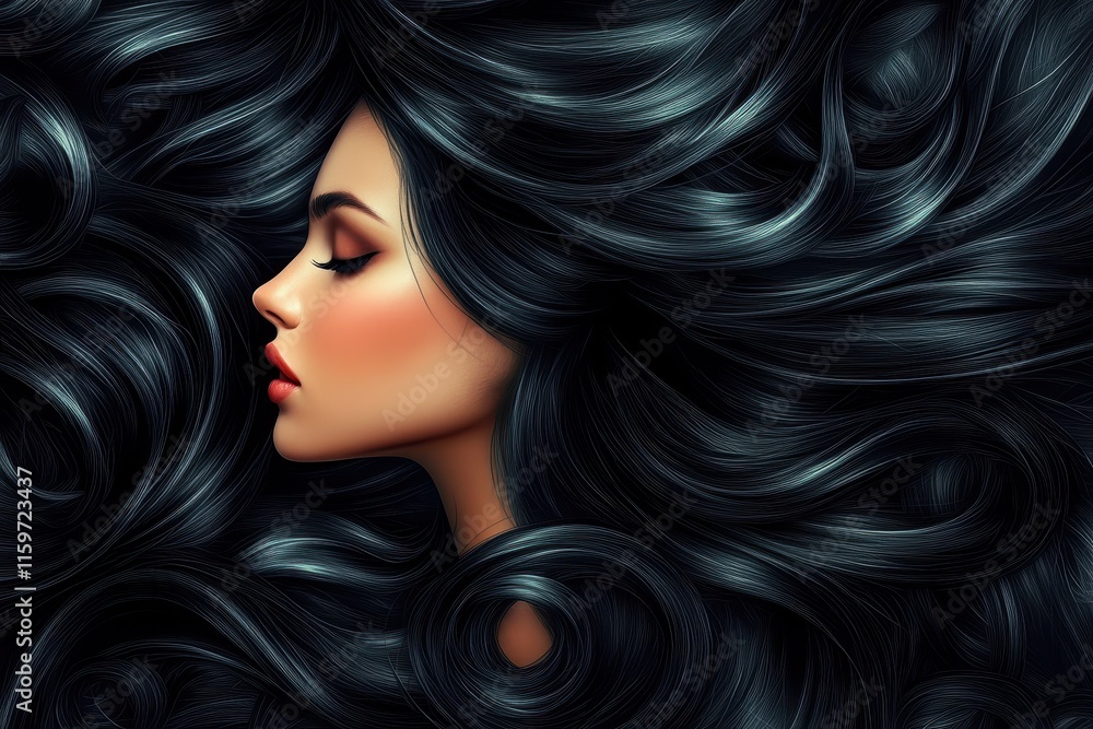 Naklejka premium Attractive brunette woman with long glossy wavy black hair Stylish model with curly locks