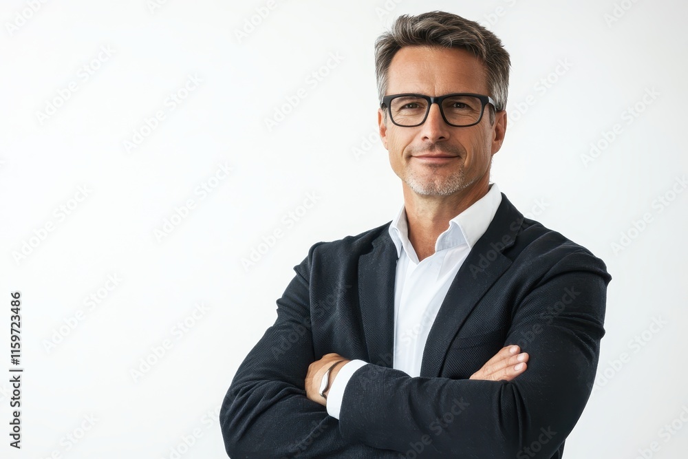 Attractive businessman in glasses poses confidently with arms crossed against a white backdrop Attractive businessman in glasses poses confidently with arms crossed against a white backdrop
