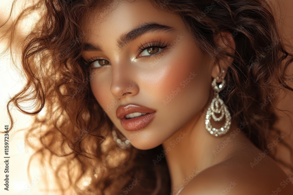 Attractive female model with glossy wavy locks a brunette with curly hair earrings and accessories Attractive female model with glossy wavy locks a brunette with curly hair earrings and accessories