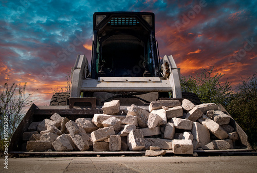 Skid steer loader for construction site with loading bucket filled with bricks.	
 photo