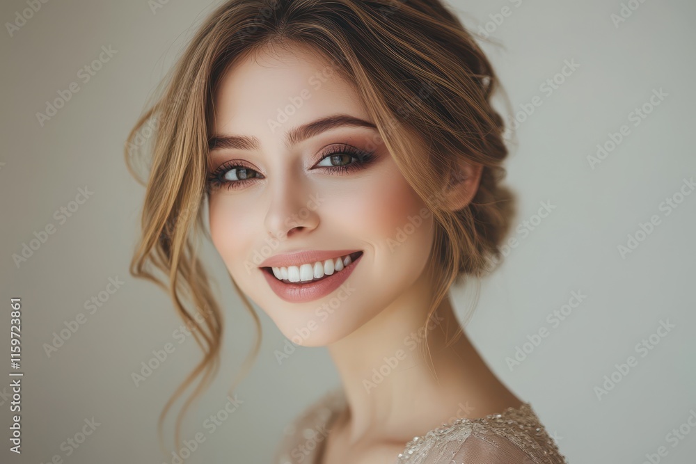 Attractive model with a delightful smile and stylish hair featuring fashionable makeup Attractive model with a delightful smile and stylish hair featuring fashionable makeup