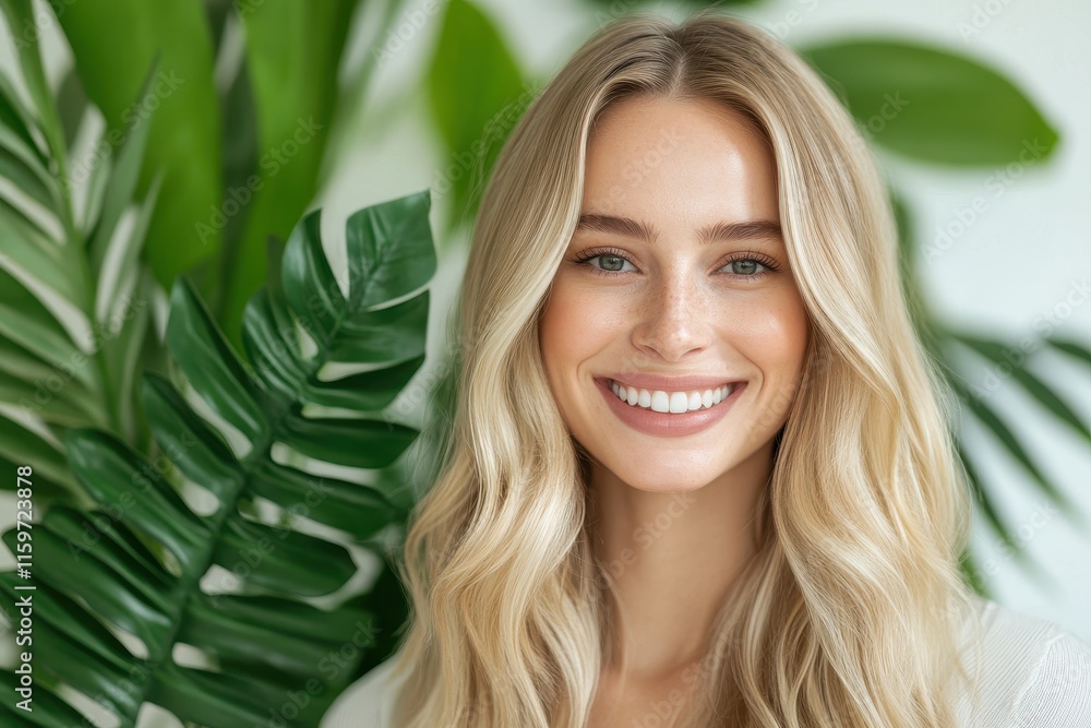 Naklejka premium Attractive model with clear skin and long blonde hair smiling against a white backdrop relates to skincare and hair care