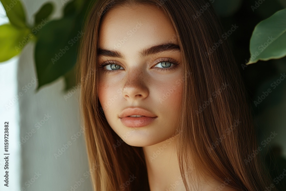 Attractive model with glossy straight brown hair Keratin treatment and spa services for a sleek look Attractive model with glossy straight brown hair Keratin treatment and spa services for a sleek look