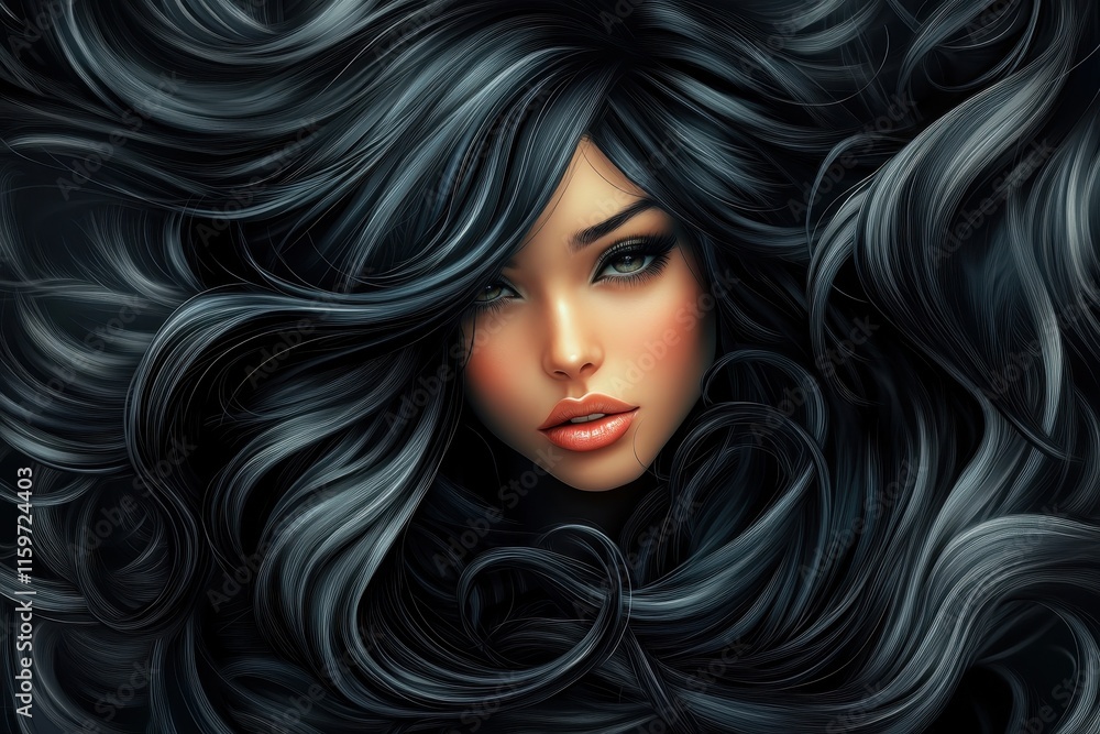 Fototapeta premium Attractive woman with long glossy black waves and curly hair