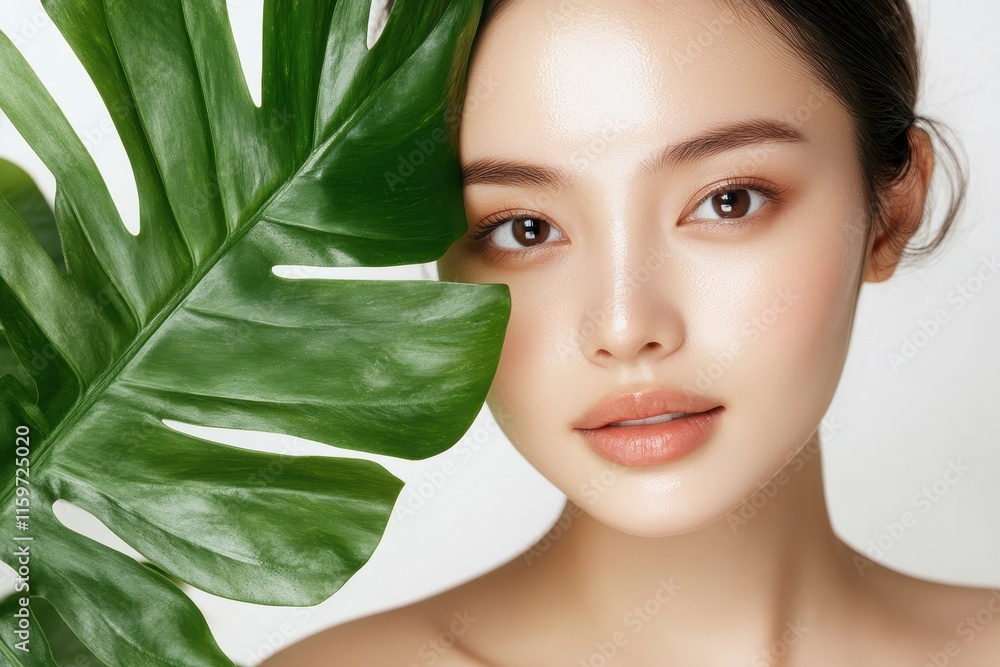 Attractive young Asian woman with radiant skin on a white backdrop skincare beauty treatments and spa services Attractive young Asian woman with radiant skin on a white backdrop skincare beauty treatments and spa services