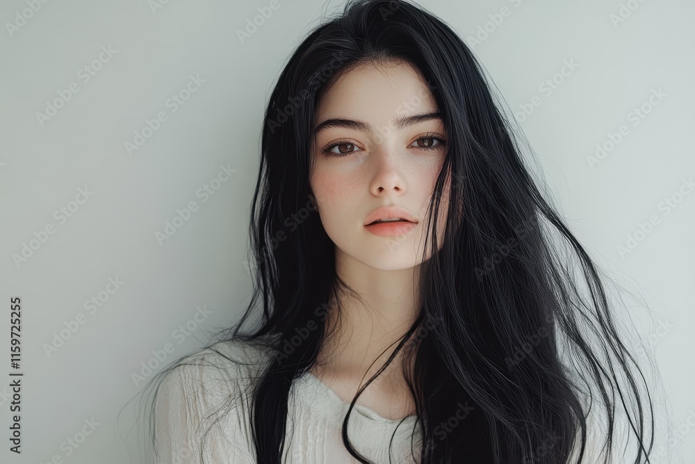 Attractive young lady with lengthy dark hair against a white backdrop Attractive young lady with lengthy dark hair against a white backdrop