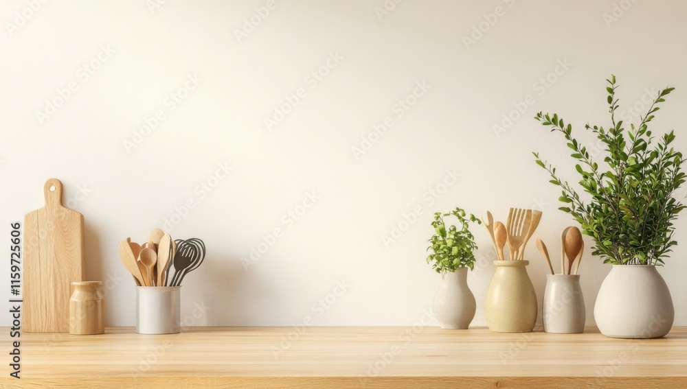Empty kitchen counter with a wooden countertop and a white wall background, showcasing a minimalistic design for product presentation. Empty kitchen counter with a wooden countertop and a white wall background, showcasing a minimalistic design for product presentation.