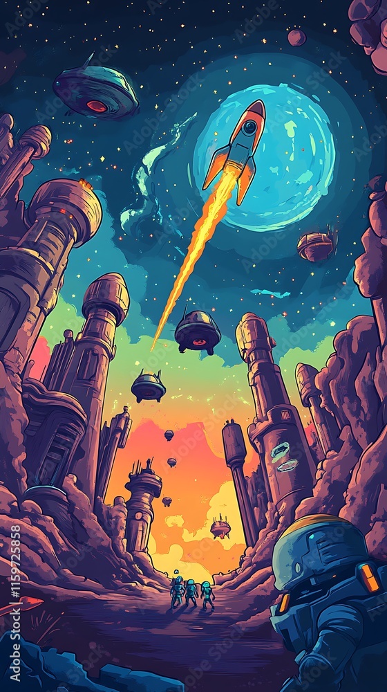 Obraz premium A vibrant sci-fi landscape with rockets, futuristic structures, and a colorful sky.