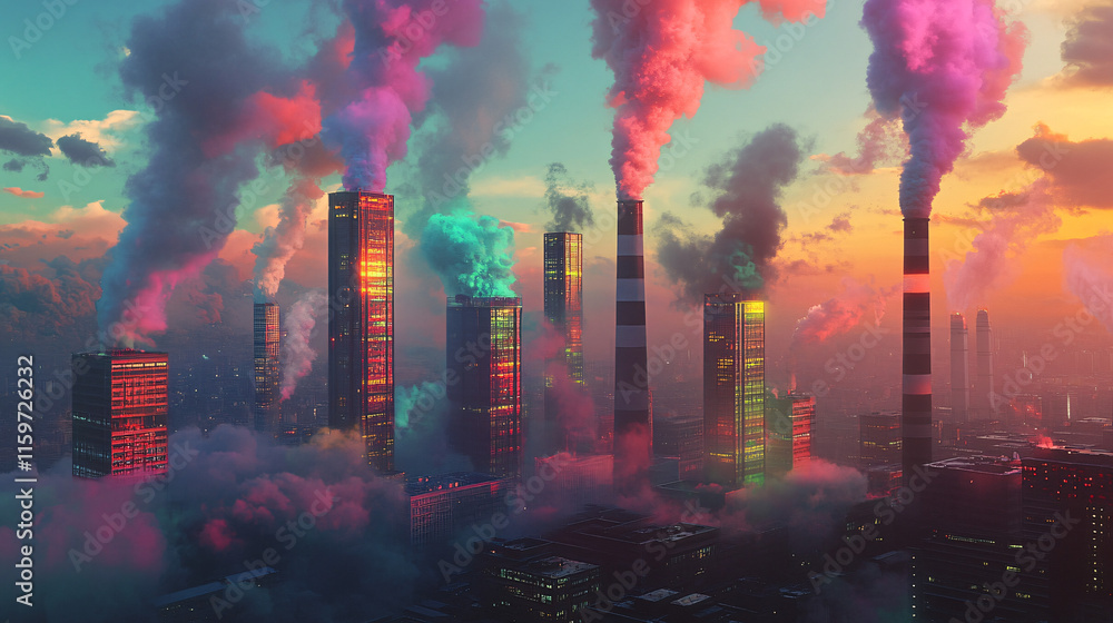 Fototapeta premium A futuristic cityscape with smokestacks emitting colorful smoke, creating a vivid backdrop that symbolizes both pollution and the potential for renewable energy solutions. 