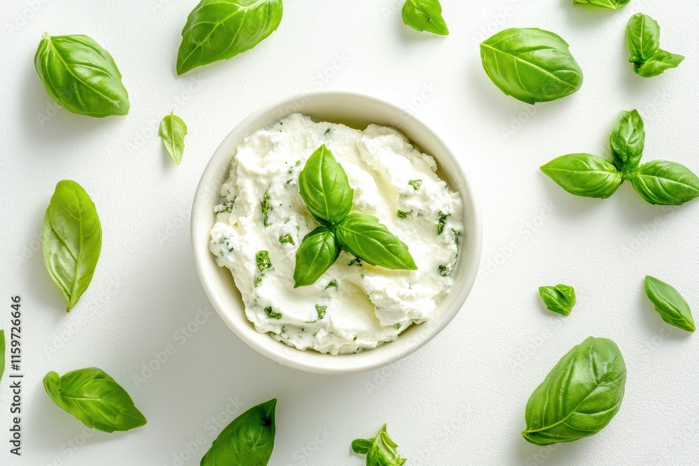Obraz premium Basil topped fresh ricotta on white background