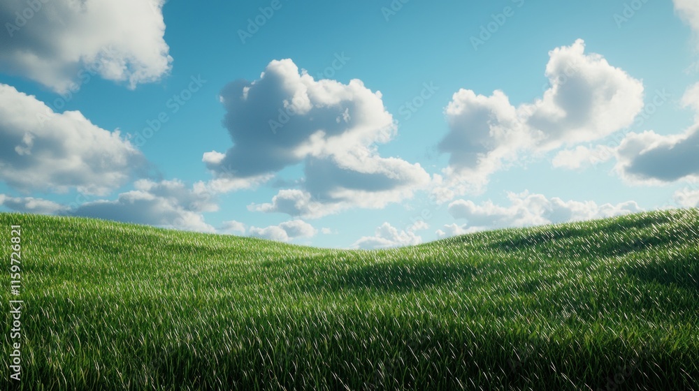 Sunny day, rolling green grass hills under a blue sky with fluffy white clouds.