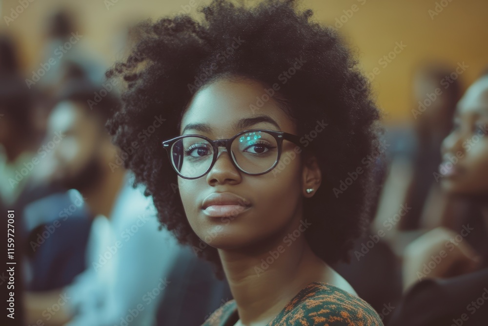 Black female college student in a classroom facing the camera with friends behind her Black female college student in a classroom facing the camera with friends behind her