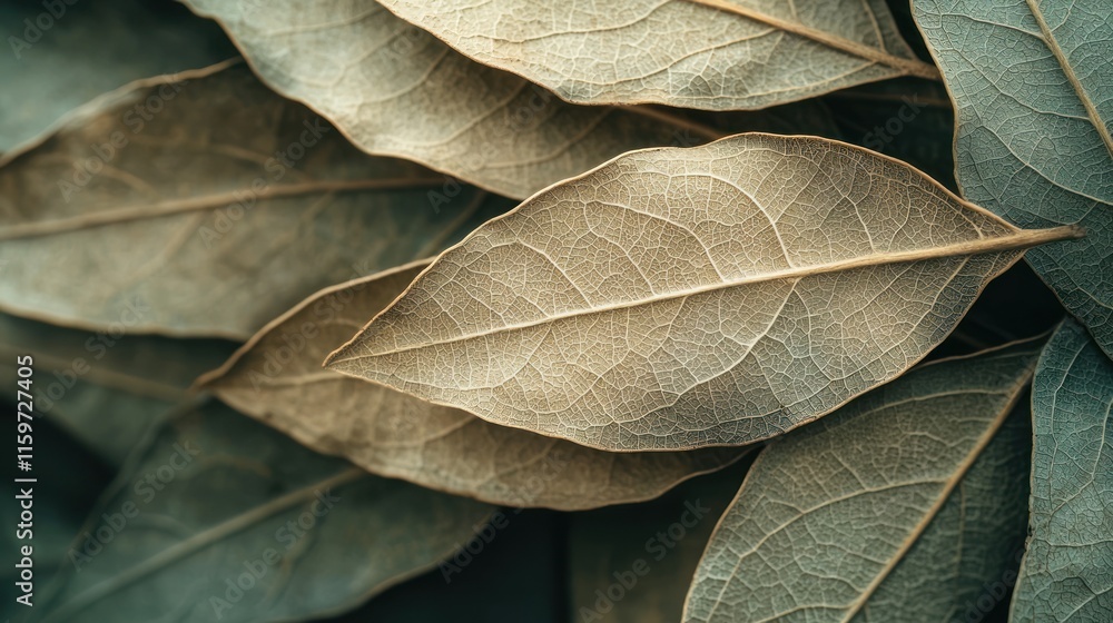 Obraz premium Close-up of dried, textured bay leaves.