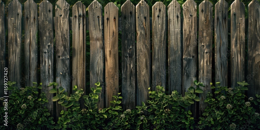 Fototapeta premium The image features a weathered wooden fence, with visible signs of age and rust, serving as an outdoor backdrop in the garden. The fence is set against greenery, suggesting a natural, outdoor setting.