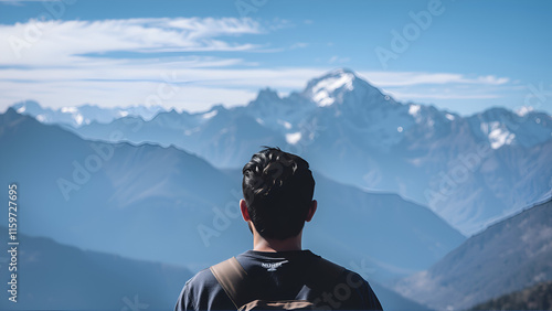 A man looking at the alpes of Annapurana photo