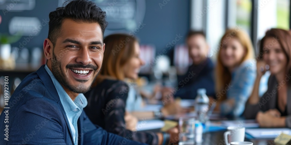 Professional young man smiling during business team meeting, office work setting. Professional young man smiling during business team meeting, office work setting.