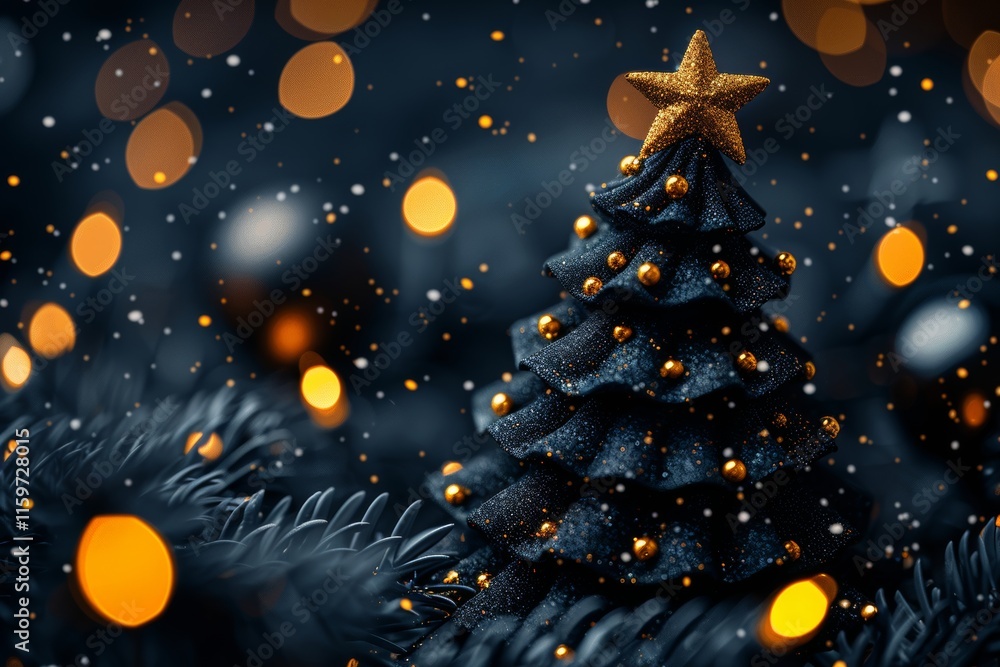 Obraz premium Decorative Christmas tree with golden ornaments and warm lights on a snowy evening