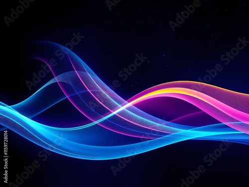 Neon light waves in vibrant pink, blue, and yellow on a black background. Ideal for futuristic, tech, and creative designs. Generative AI