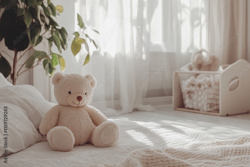 Charming infant in bright room Newborn resting in crib Children s nursery Kids textiles and bedding Family morning at home Baby enjoying tummy time with bear toy Charming infant in bright room Newborn resting in crib Children s nursery Kids textiles and bedding Family morning at home Baby enjoying tummy time with bear toy